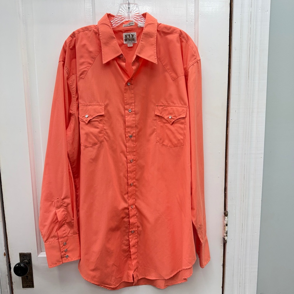 Vintage Ely Cattleman Tall Man Mens 2XLT 2xl Tall Peach Western Pearl Snap Shirt